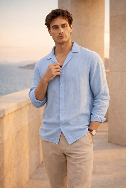 Valiberta Apaş Collar Oversize Muslin Fabric Shirt - Ice Blue