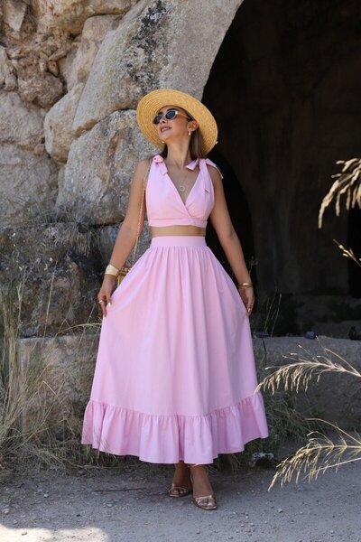 bytugcekaya Σετ φούστα με ροζ δέσιμο με λεπτομέρεια μπουστάκι