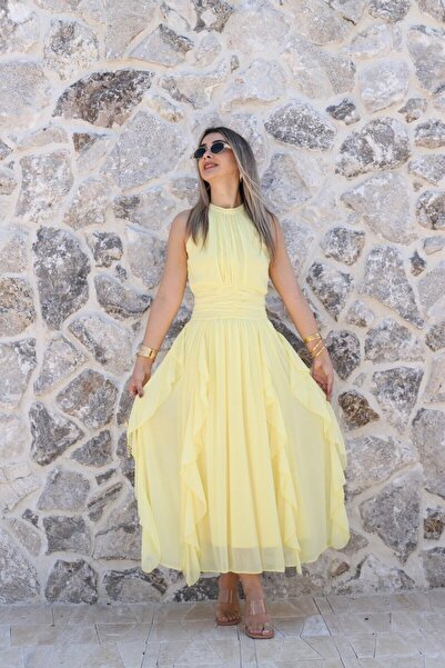 bytugcekaya Κίτρινο φόρεμα σιφόν με βολάν και σούρες στο μπροστινό μέρος