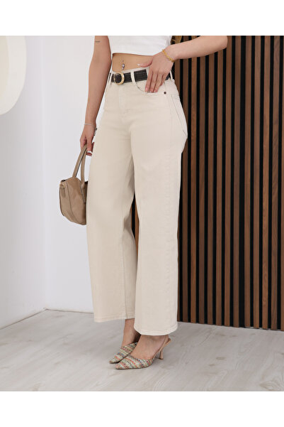 deqfashion Women's Beige High Waist Belted Culotte Wide Leg Denim Trousers Jean
