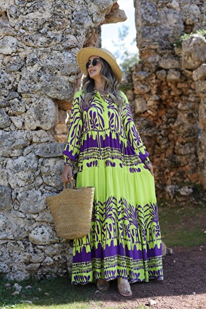 bytugcekaya Μωβ-νέον πράσινο φόρεμα με λεπτομέρεια με κουμπιά στα μανίκια