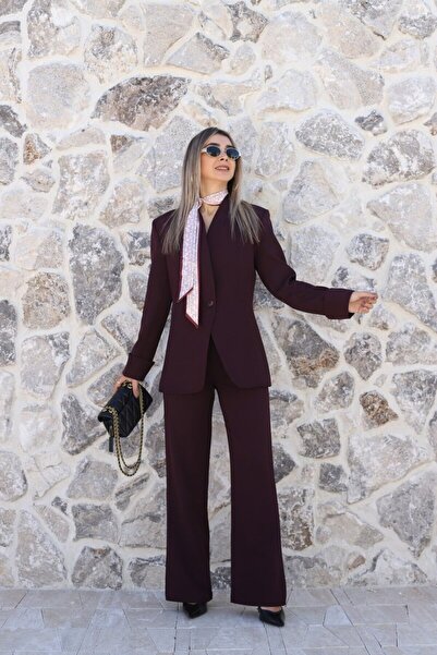bytugcekaya Plum judge collar sleeve folded buttoned jacket suit