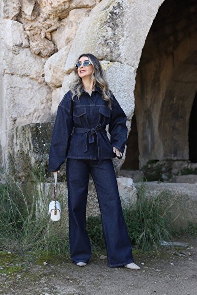 bytugcekaya Σκούρο μπλε τζιν κοστούμι με δεμένη μέση