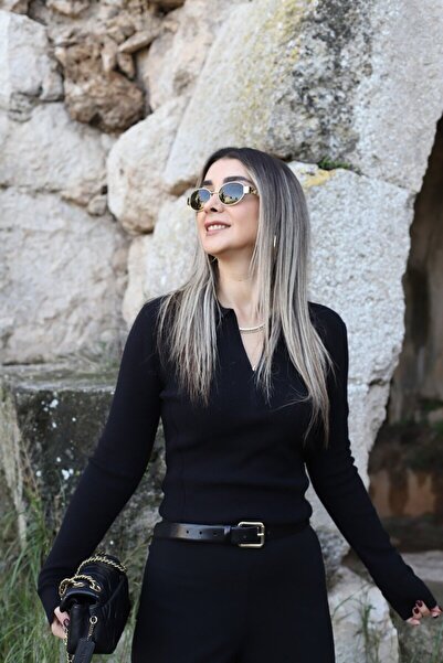 bytugcekaya Μαύρο πλεκτό πουλόβερ από κασμίρ σε κανονικό μέγεθος