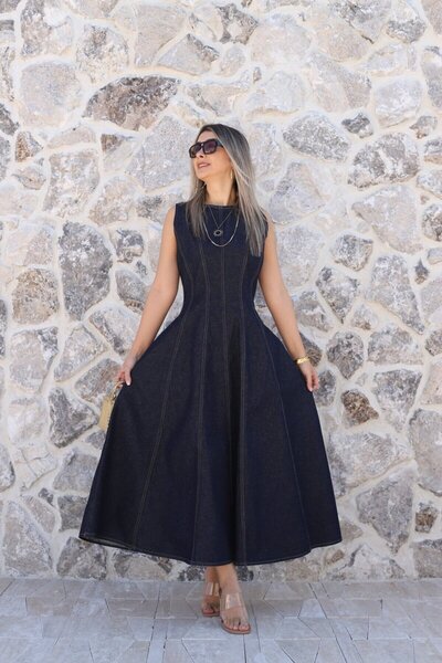 bytugcekaya Ναυτικό μπλε φόρεμα τζιν με φερμουάρ στην πλάτη και μηδενικά μανίκια