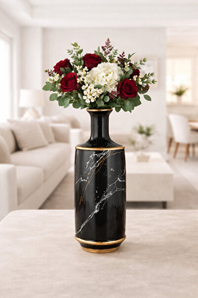 ANGDESİGN Κεραμικό Βάζο Bodrum Μικρό - Μαύρο •• Βάζο με Μαρμάρινο Σχέδιο Μοντ...