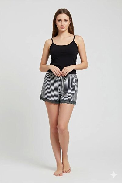 Mestore Striped Combed Cotton Women's Home Shorts Leg Lace Detailed Home Wear...