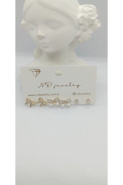 ndjewelry مجموعة أقراط على شكل فيونكة لؤلؤية ذهبية اللون