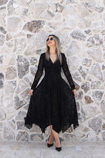 bytugcekaya Μαύρο βελούδινο φόρεμα με διπλό στήθος