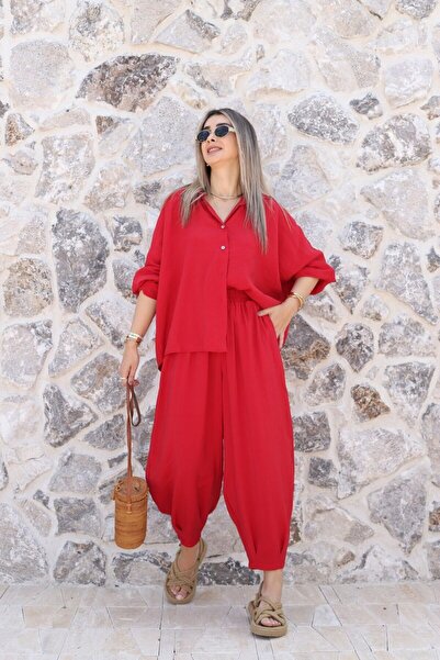 bytugcekaya Κόκκινο Σετ Σαλβάρι με Πουκάμισο