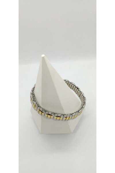 ndjewelry Silver and Gold Color Hexagonal Patterned Steel Flexible Bracelet