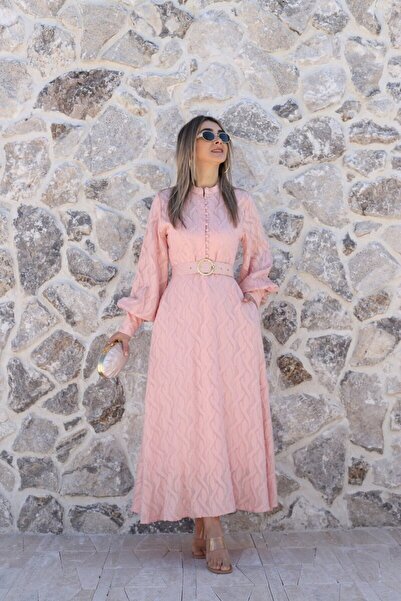 bytugcekaya Πούδρα Γκολντ Με λεπτομέρεια ζώνης Με τσέπες Μακρύ Φόρεμα