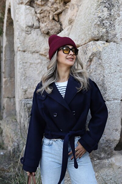 bytugcekaya Lacivert İç Astarlı Kısa Kaşe Kaban