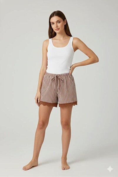 Mestore Striped Combed Cotton Women's Home Shorts Leg Lace Detailed Home Wear...