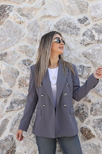 bytugcekaya Γκρι διπλόπετο μπλέιζερ με κουμπιά Prive