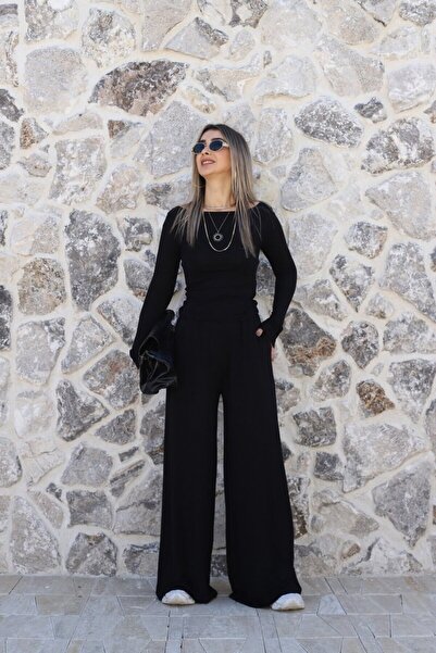bytugcekaya Μαύρο Σετ Παντελόνι και Μπλούζα με Φαρδύ Γιακά