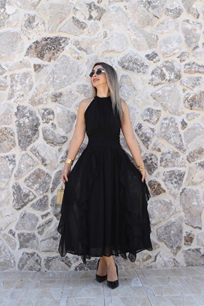 bytugcekaya Μαύρο φόρεμα σιφόν με βολάν και σούρες μπροστά