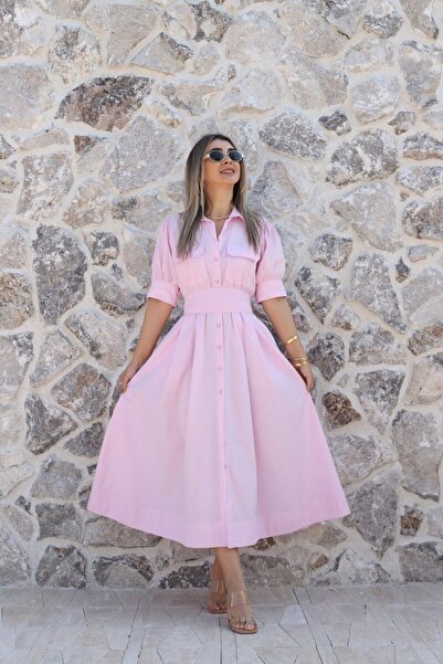 bytugcekaya Ροζ Μανίκι Μπαλόνι Πουκαμισοφόρεμα
