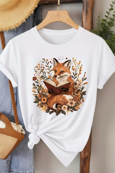 l'eivor Tricou din bumbac pentru femei cu imprimeu Book & Fox