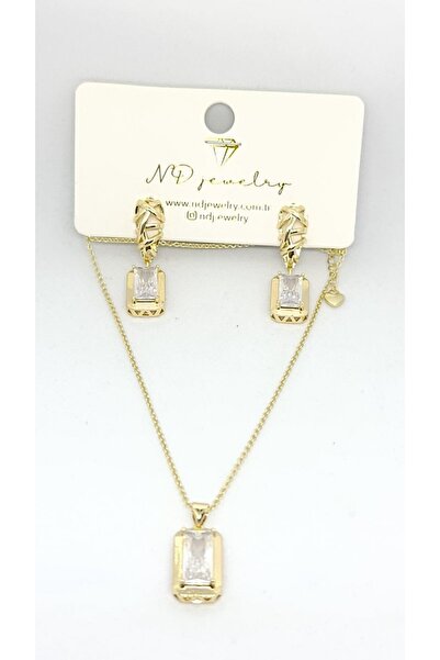 ndjewelry طقم مجوهرات كريستال إليجانس الذهبي للنساء (قلادة + أقراط)