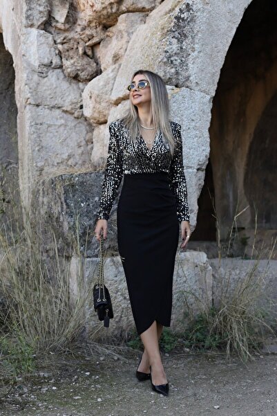 bytugcekaya Φόρεμα διπλό πέτο με ασημί παγιέτες