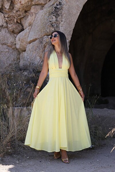 bytugcekaya Κίτρινο λινό φόρεμα με λεπτομέρεια στην πλάτη