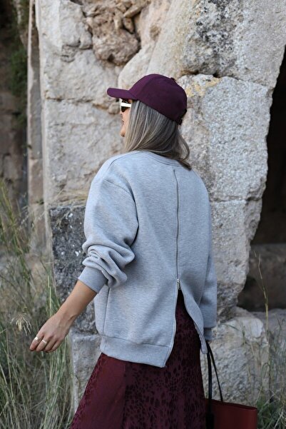 bytugcekaya Gray Printed Back Zipper Detail Sweatshirt