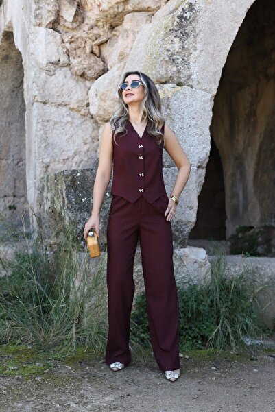 bytugcekaya Σετ γιλέκο με λεπτομέρεια με κορδέλα μπορντό