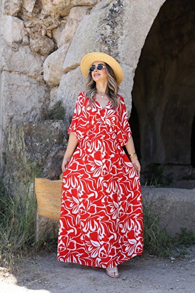 bytugcekaya Κόκκινο φόρεμα με λαιμόκοψη V μπροστά και πίσω με λεπτομέρειες