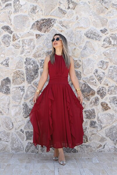 bytugcekaya Φόρεμα από σιφόν σε μπορντό χρώμα με βολάν και σούρες στο μπροστι...