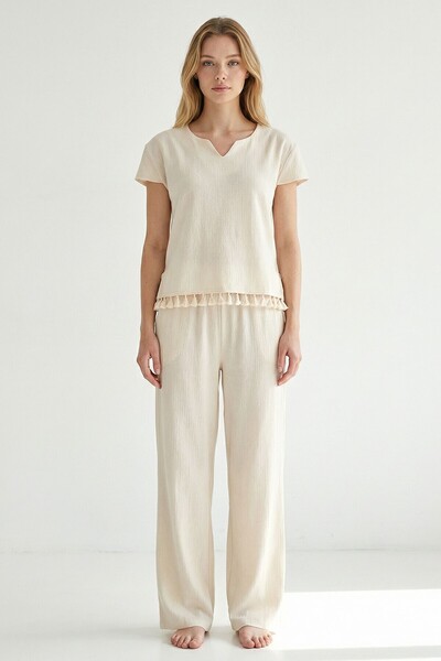 bacc Σετ λινό Alaçatı με μισό μανίκι και φούντες στο κάτω μέρος