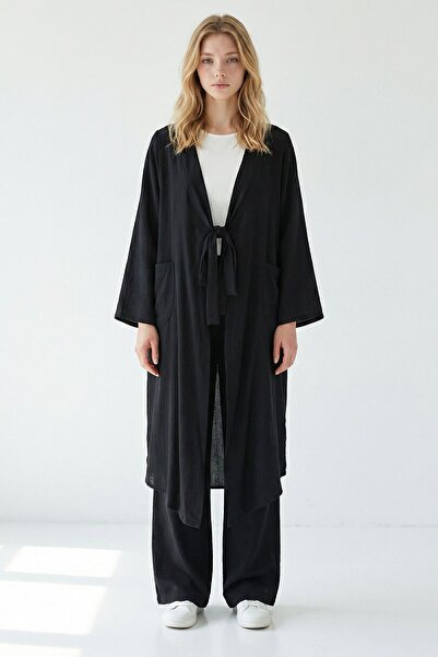 bacc Σετ Κιμονό Αλατσάτι Λινό Μαύρο με Δέσιμο