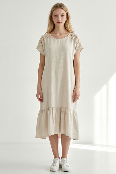bacc Φόρεμα με δαντέλα στους ώμους και βολάν στη φούστα από λινό ύφασμα Alaçatı