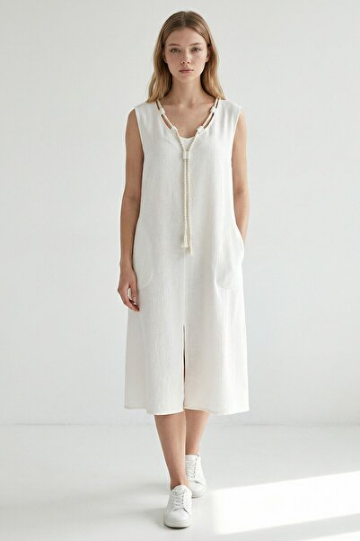 bacc Αλατσάτι Λινό Φόρεμα με Λεπτομέρεια από Κορδόνι στο Λαιμό