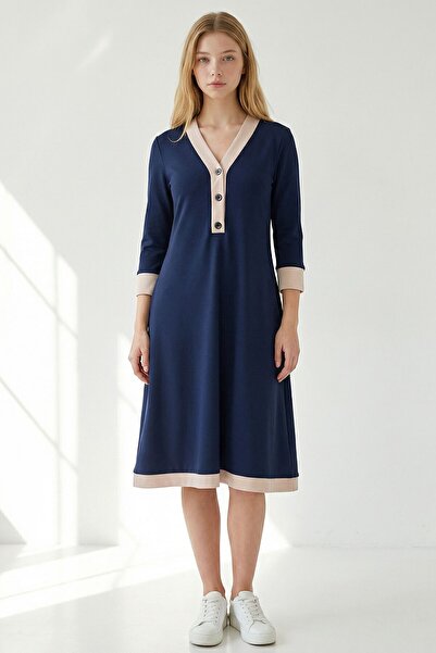 bacc Navy Blue Buttoned Modal Fabric Dress
