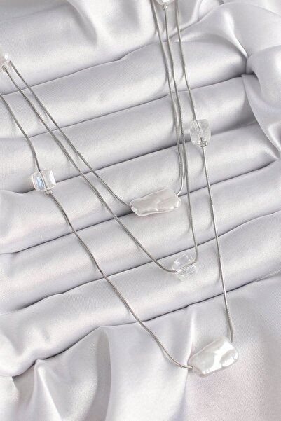 Skygo Brass Silver Color Scrunch Pearl Model Multiple Women's Necklace - Tj-B...