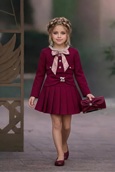 nora dress mini luxe Kız Çocuk Bayramlık Ceket Etek Takım Fularlı Çanta Dahil...