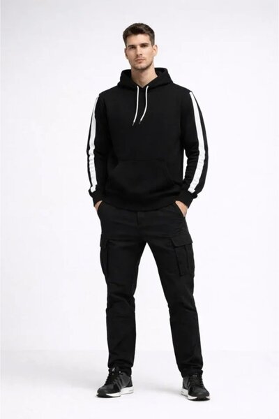 Kanonik Education Ανδρικό φούτερ με κουκούλα ριγέ oversized βαμβακερό - Μαύρο