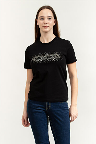 Karl Lagerfeld Logo Rhinestone Kadın Bisiklet Yaka T-Shirt Siyah