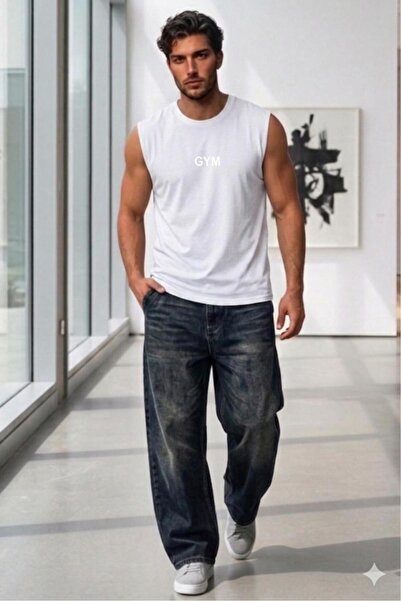NO 601 Ανδρικό αμάνικο μπλουζάκι με ανάγλυφο λευκό γυμναστήριο