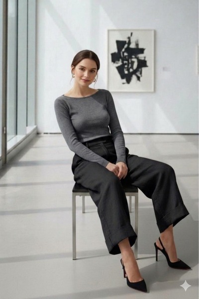 CAST COLLECTİON Γυναικεία μπλούζα ανθρακί, στενή εφαρμογή, μακρυμάνικη, με λα...