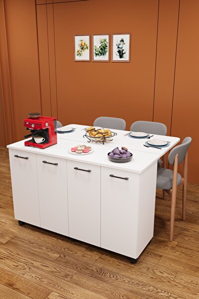 asratrend Lüks Katlanır Mutfak Adası Bar %100 MDF Çok Amaçlı Yemek Masası Kah...