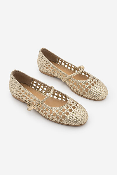 Marjin Women's Hand-Knitted Strappy Mary Jane Casual Ballerinas Olisa Gold