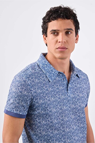 Dufy Lacivert Erkek Ekstra Slim Fit Desenli Casual Polo Yaka T-shirt - 94382