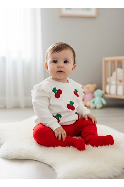 Mou&Kou Cherry Embroidered Baby Girl Set 100% Cotton Combed Cotton 2-Piece Ba...