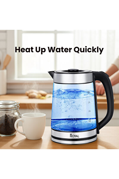 Royal Appliances غلاية كهربائية زجاجية سعة 2.5 لتر، إيقاف تلقائي، تسخين سريع 1500 واط، دوران 360 درجة °   قاعدة لاسلكية، فضية اللون، طراز RA-EK2053