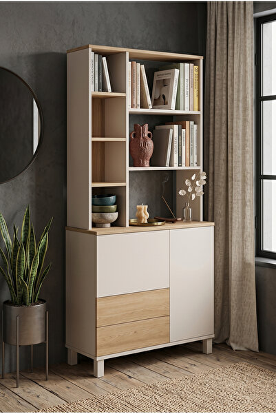 Robin Home Urban Kitaplık Raf Ahşap Ayaklı 188cm 2 Kapaklı 2 Çekmeceli Kumsal...