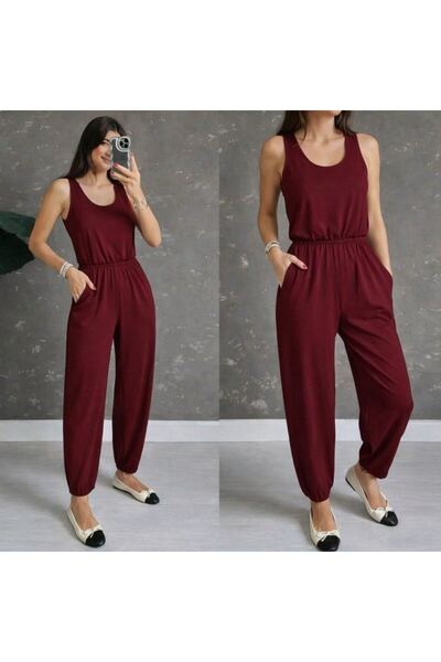 Kanonik Education Women's Strappy Round Neck Viscose Jumpsuit with Pockets