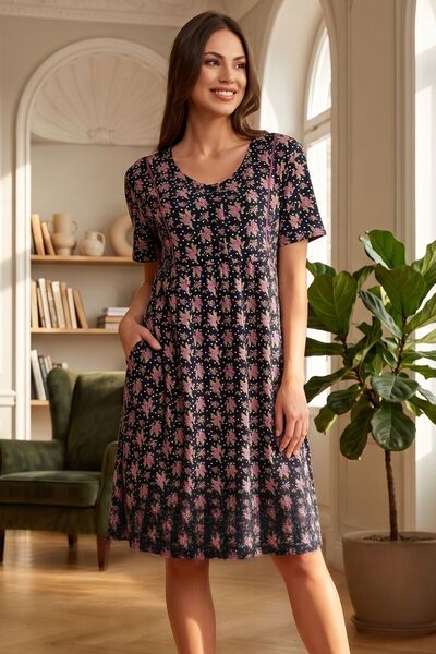 ROMEO LİFE Γυναικείο φόρεμα με μοτίβο με μεγάλο βαμβακερό ύφασμα με κουμπιά 7358