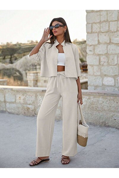 DUUE FASHİON Μπεζ Χρώμα Άνετο Πουκάμισο Crop & Παντελόνι με Φαρδιά Μπατζάκια ...